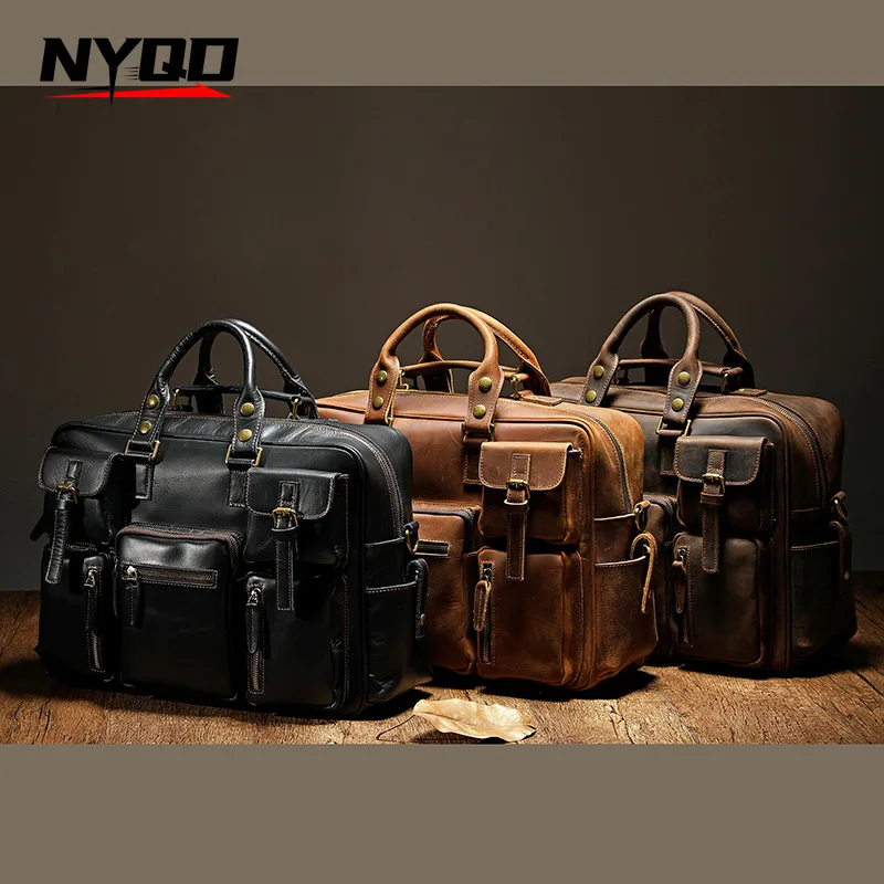 Retro Men's Leather Handbag Top Layer Cowhide Briefcase  Large Capacity Travel Bag Laptop Shoulder Crossbody Bag