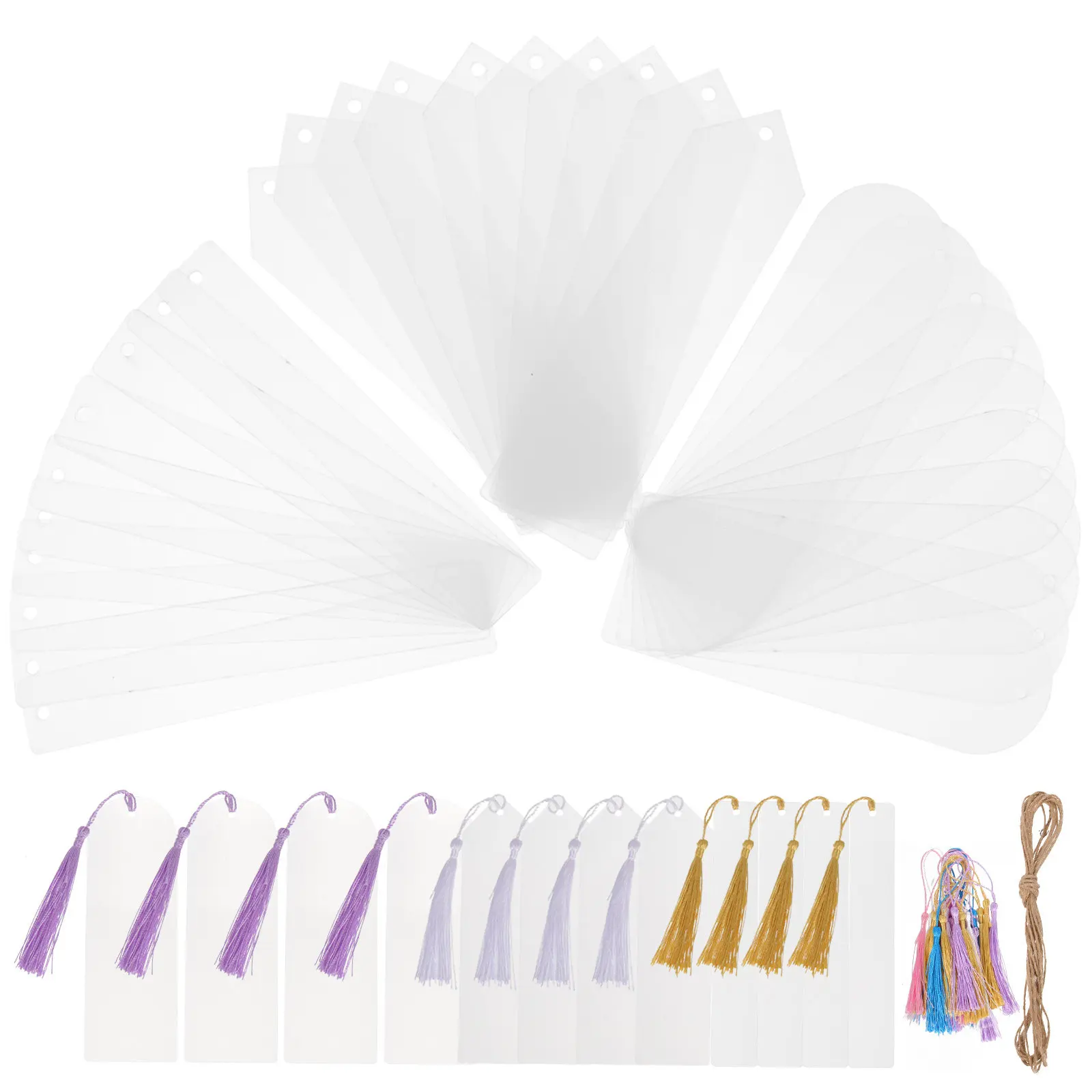 1Set Rectangular Clear Bookmarks Blank Acrylic Page Marker with Sturdy Hemp Rope Tassels for Reading Study DIY Decoration