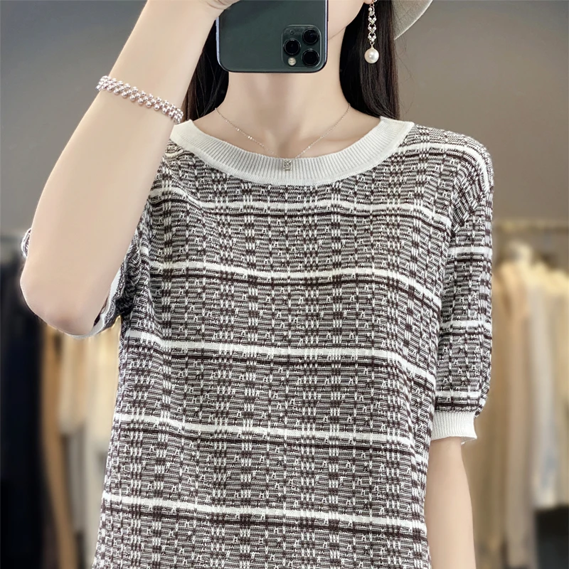 Cotton Short sleeved Shirt Women's T-shirt 2023 Spring Tank Top Knitted Shirt Women's Short sleeved Women's Sweater Knitted Shir