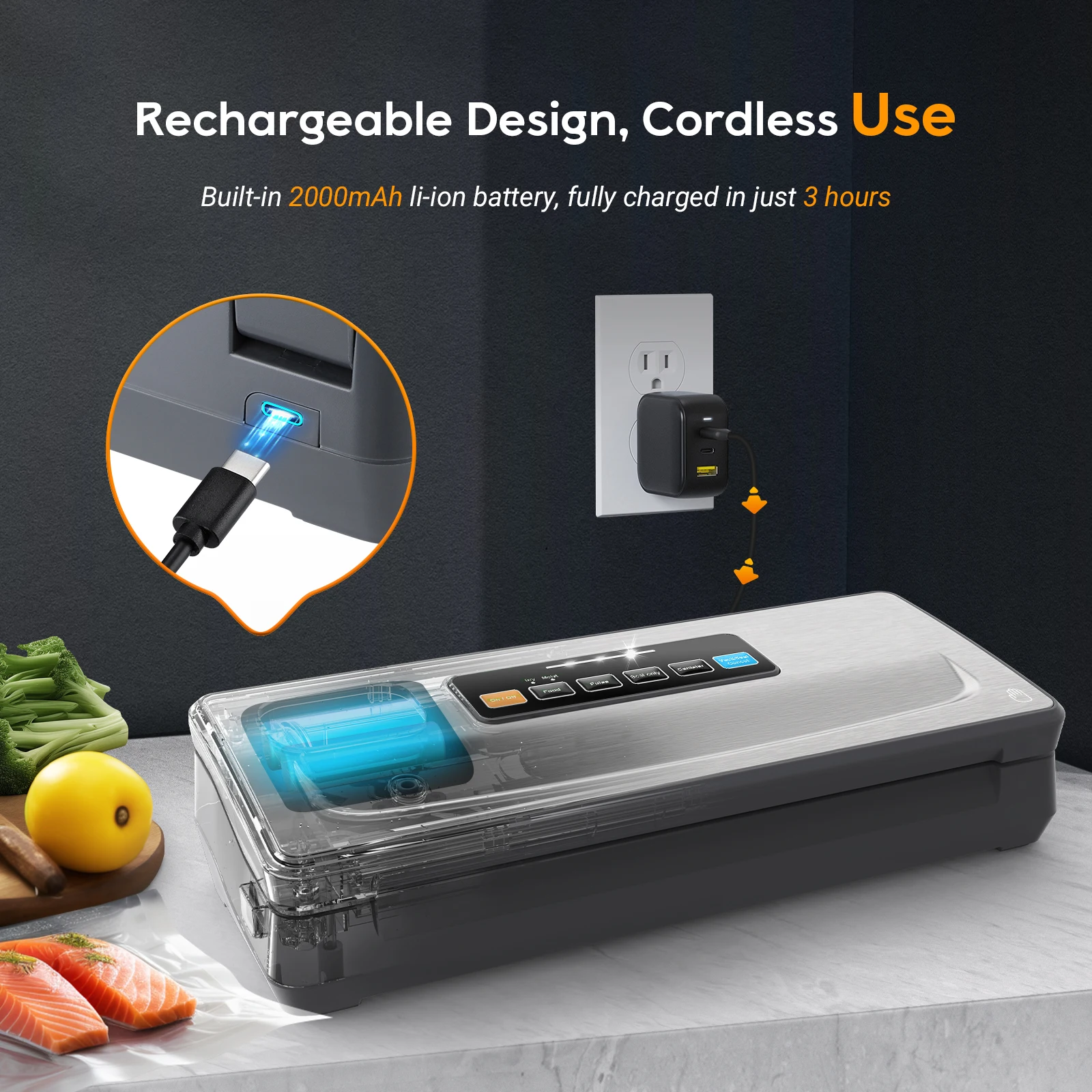 Imagem -02 - Inkbird-máquina Seladora a Vácuo sem Fio Máquina de Embalagem a Vácuo Multi Funcional Armazenamento Embutido Corte Ink-vs06
