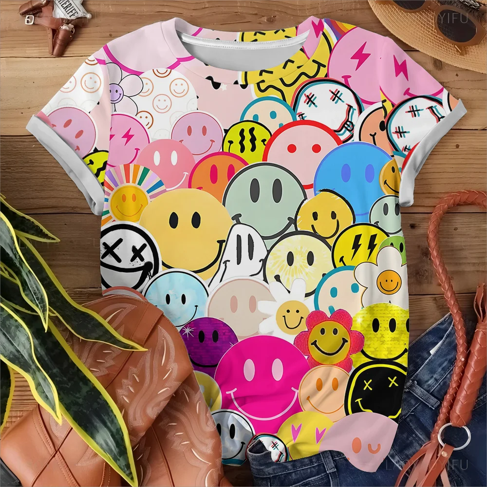 Camiseta informal con estampado de cara sonriente para mujer de arcoíris, diseño divertido multicolor, moda informal, cómoda, manga corta de verano