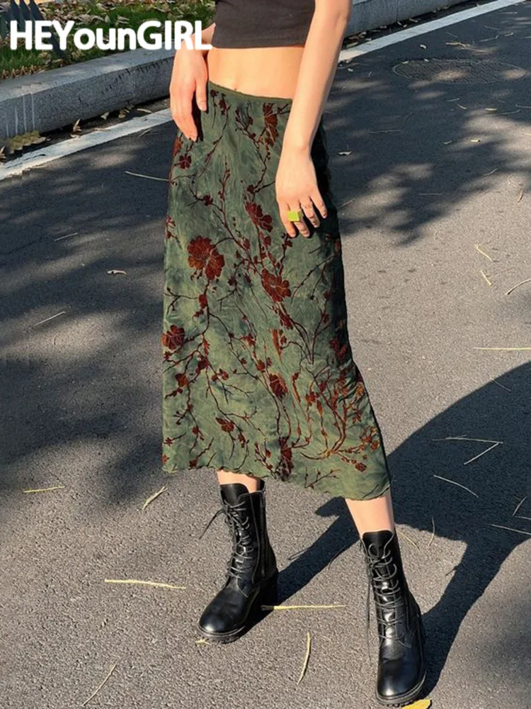 HEYounGIRL Vintage Long Skirt Green Floral Print Women Y2K High Street Grunge Fashion Elegant Mid-Calf Skirt Autumn Winter 2023