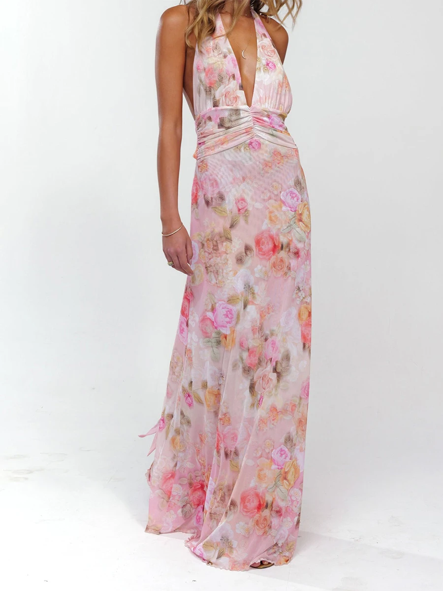 

New Fashion Women Long Dress Sleeveless Halter Dress Backless Flower Dots Print Summer Cocktail Dress Club Street Style S M L