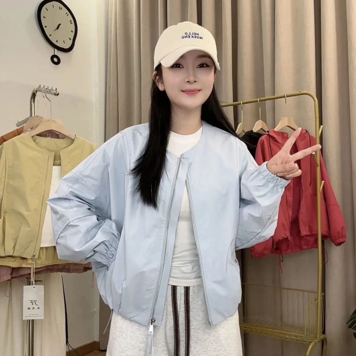 الكورية جولة الرقبة بلون سترة قصيرة المرأة سترة واقية 2025 جديد سترة فضفاضة غير رسمية معطف ربيع الخريف المرأة خندق #2