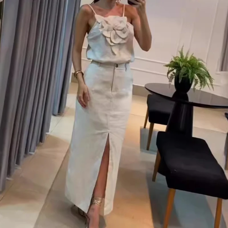 

Skirt Set Women Two Piece Sets Slim Fit Sling Sleeveless Floral Casual Short Tops Mid Length Skirts Solid Elegant Splice Summer