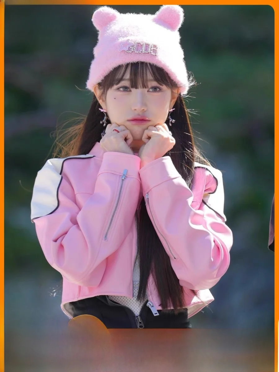 Kurtka damska Zhang ng Korean Sle Retro ort PU Leather Jaet Zipper Long Sve Slim Fit, różowo-biała, blok kolorów