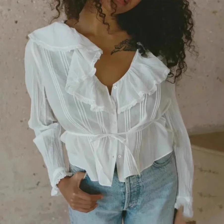 

Women's deep V-neck ruffle elegant shirt puff sleeves vintage casual vacation ladies top