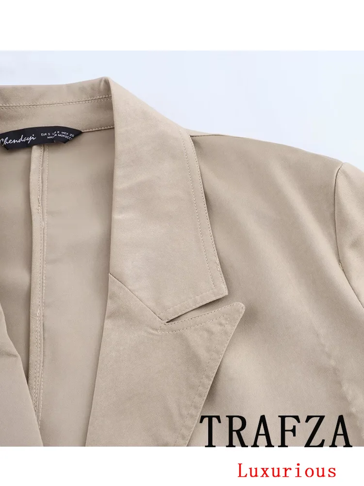 TRAFZA Vintage Office Lady Khaki Solid Women Suit Single Breasted Pockets Blazer Zipper Straight Loose Pants Fashion 2024 Sets