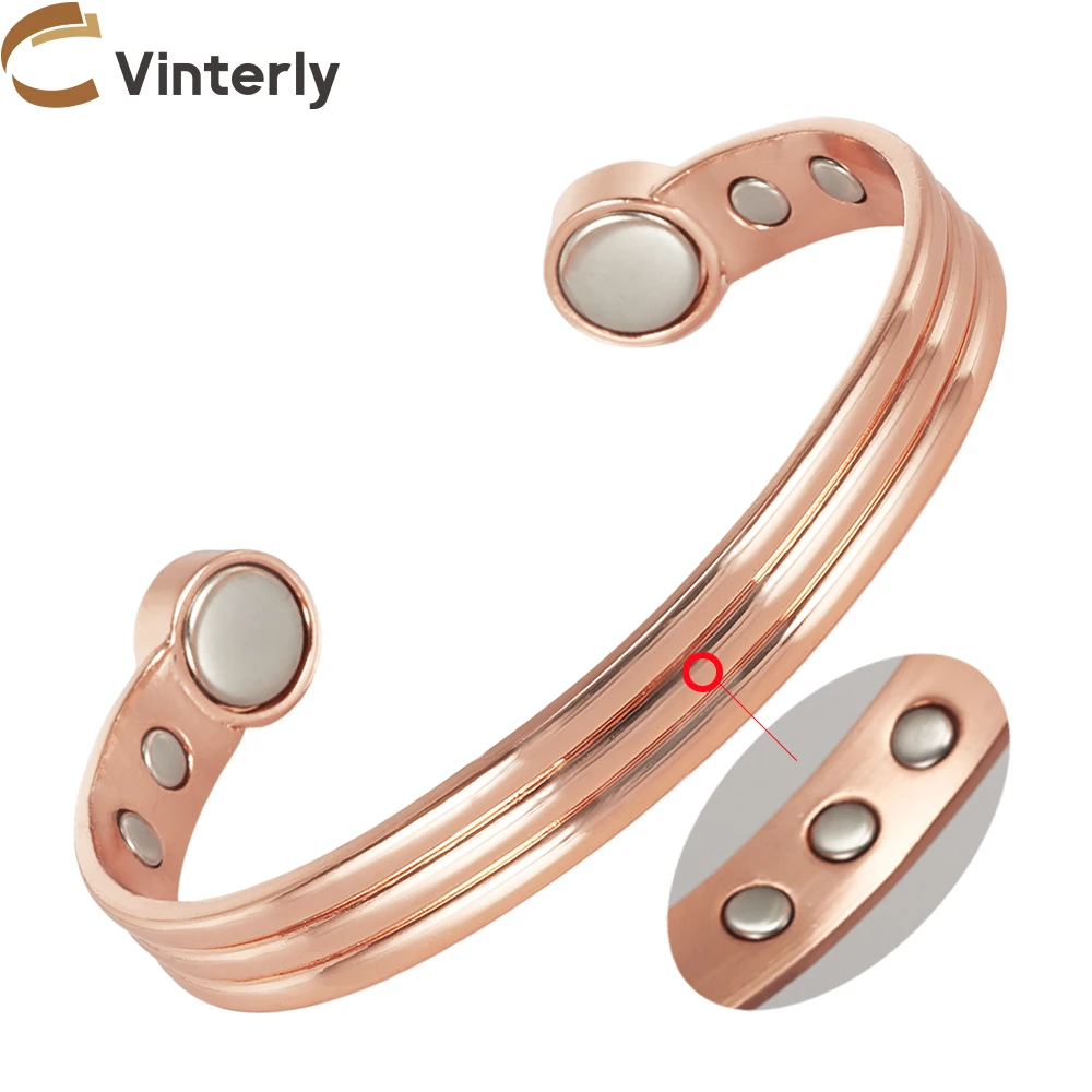 Pure Copper Bracelets for Men Women Adjustable Cuff Stripe Magnetic Bangles Arthritis Health High Magnet Metal Jewelry Resizable