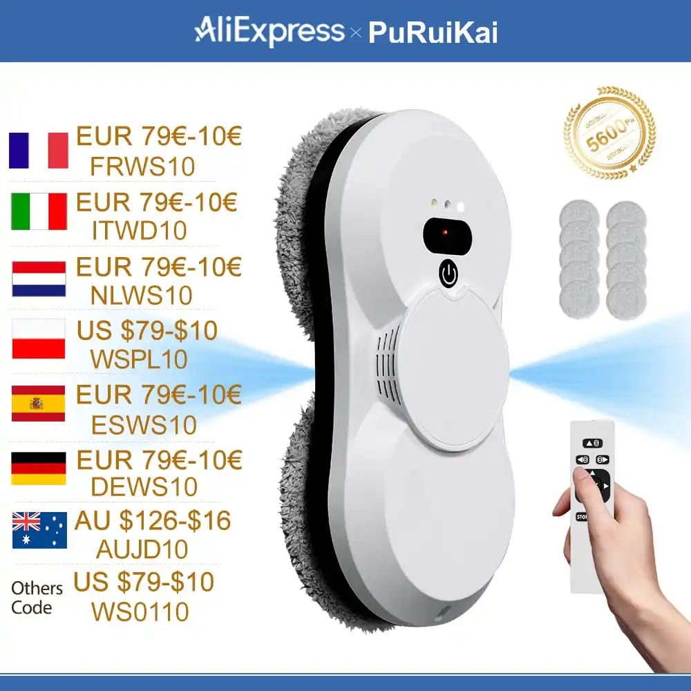 Robot per la Pulizia dei Vetri PuRuiKai, Aspirazione 5600Pa, Spruzzo Automatico Bidirezionale con Serbatoio da 50ml, Sistemi di Sicurezza Multipli, Con Motori Brushless