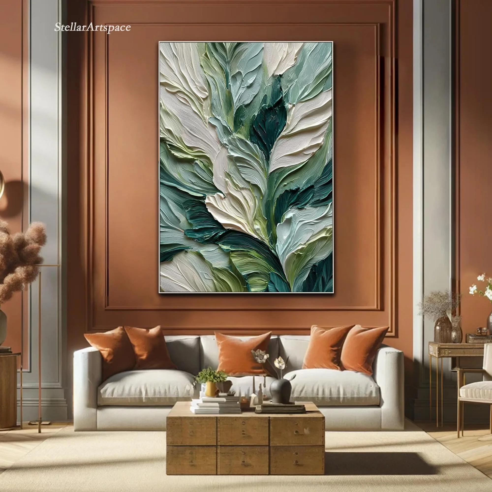 Green Leaf Abstract Texture Wall Art Painting on Canvas Living Room Wall Art Sage Nature Floral Impasto Decor Large Oil