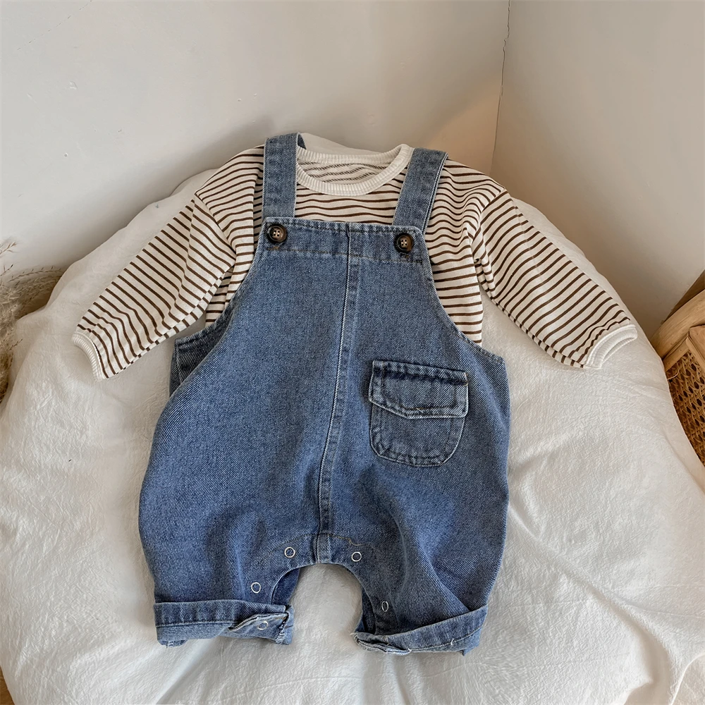 Spring And Autumn Newborn Baby Boys Suspender Simple Trousers Solid Adjustable Denim Korean Cute Fashion Soft Casual