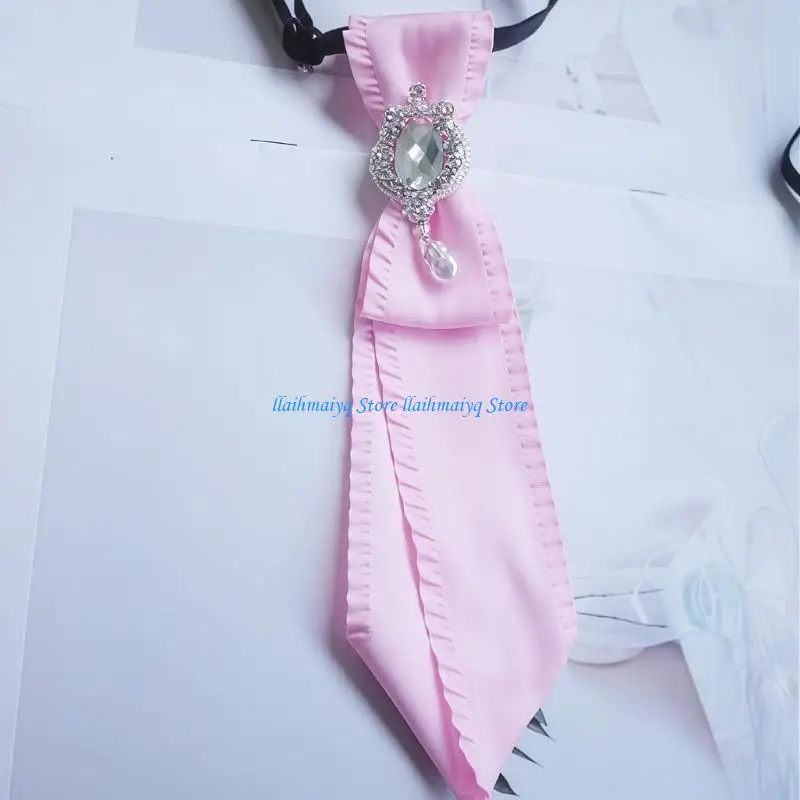 573B Adjustable Ruffle Trim Neck Tie With Rhinestones Detail Party Decorative Neckwear