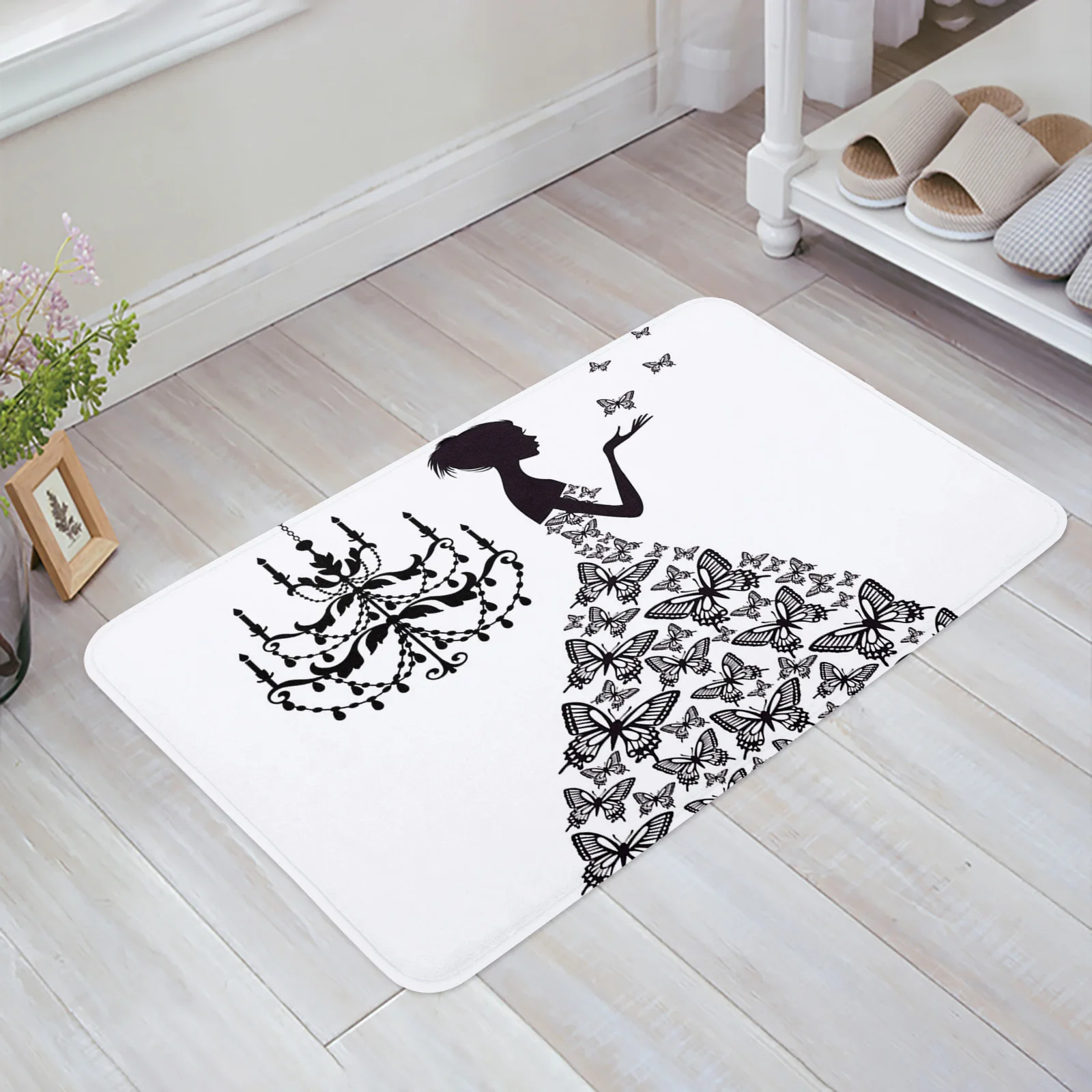 Butterfly Dresses Girl Chandelier Black And White Bathroom Mat Carpet Kitchen Entrance Door Mats Room Floor Prayer Rug Doormat