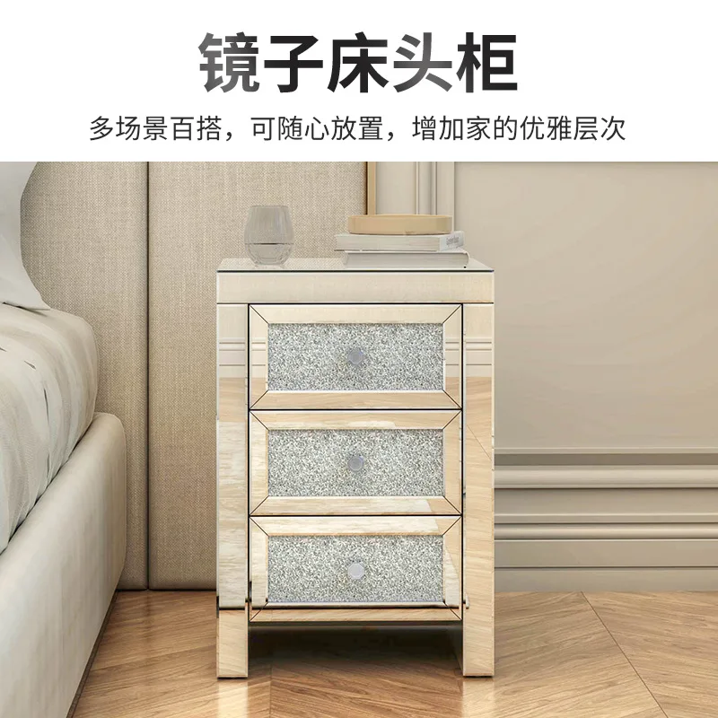 Light luxury mirror bedside table Drilled surface decoration Three pumping cabinet Bedroom beveled glass furniture