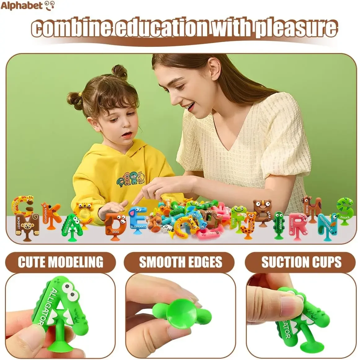 Suction Toys Kids Bath Toy, 26PCS Animal Alphabet Sucker Toy, Montessori Educational Spelling Fidget Toy for Autism/ADD/ADHD