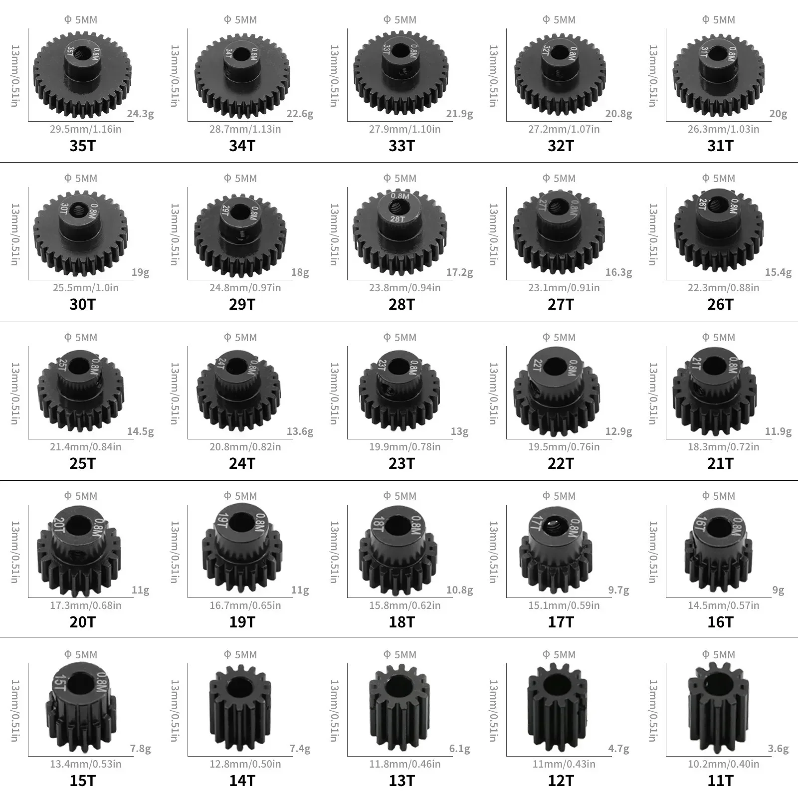 5pcs 0.8M 32P 3.175 5mm 11T--35T Hardened Steel Pinion Gear Motor Gear For 1/8 1/10 RC Model Car