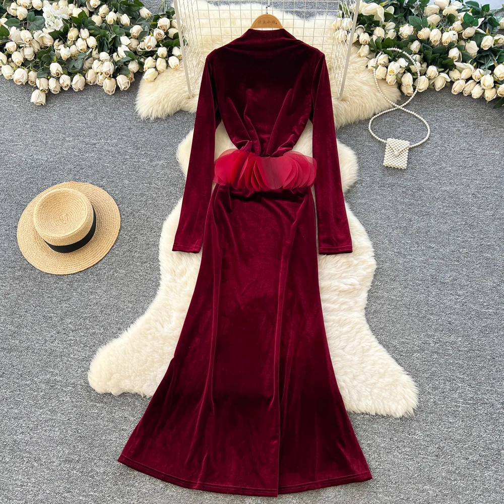 Abito sexy elegante in velluto tridimensionale a maniche lunghe Abiti autunno francese vintage abbigliamento donna