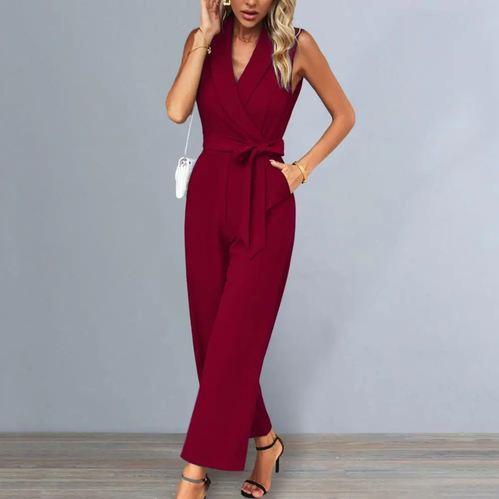 

Elegant Women's Jumpsuits 2024 Summer Lace Up Waist Solid V-Neck Sleeveless Wide Leg Pants Female Commuter Office Large Size