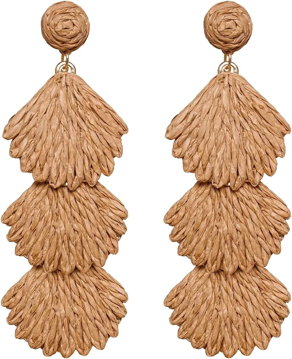 Raffia Dangle Earrings for Women - Boho Statement Rattan Drop Jewelry Shell Design, Lightweight Summer Beach Trendy Accessories