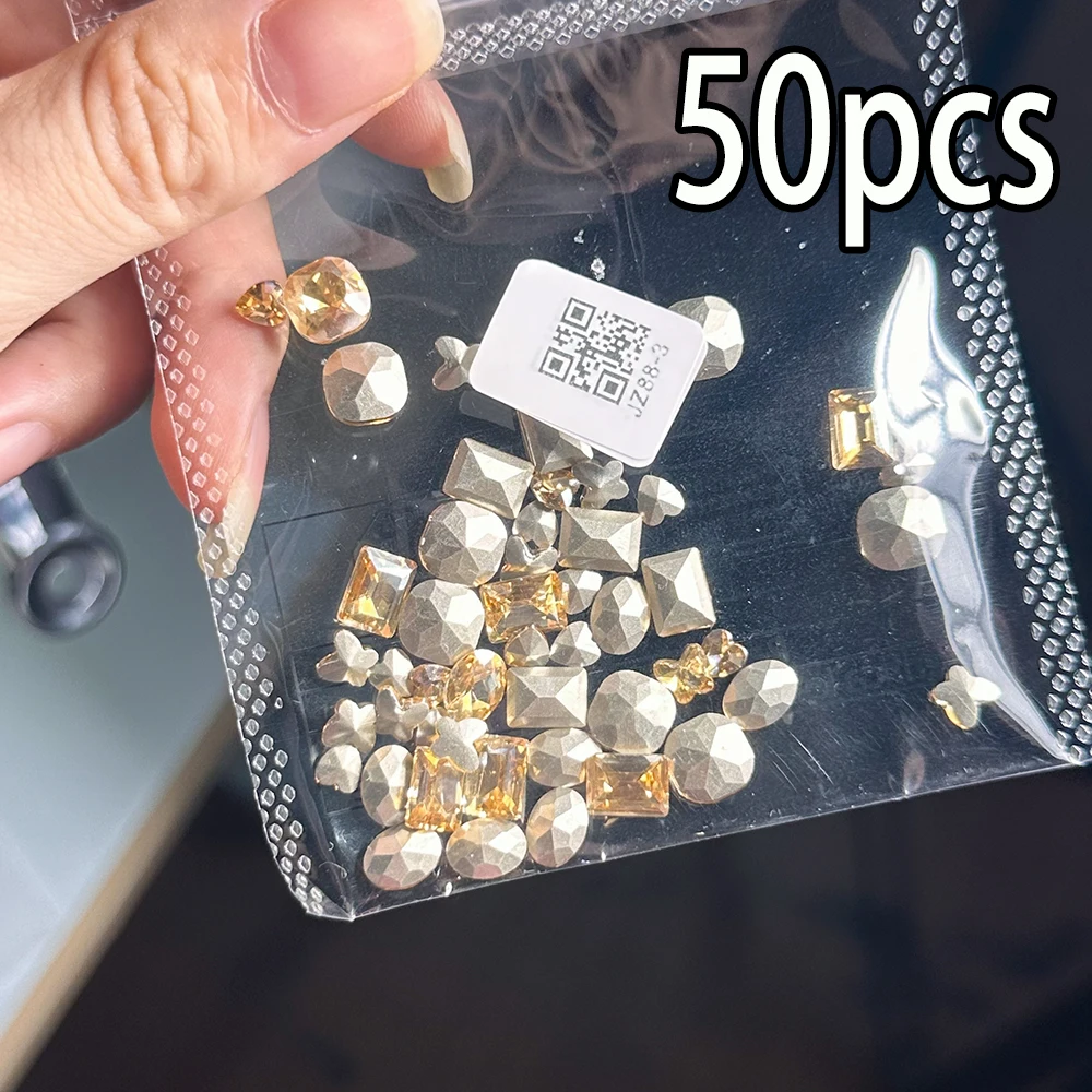 50 Stücke Glänzende Rosa Kristall Nagel Dekoration Herz Quadrat Oval Formen Spitzen Boden Unregelmäßige Nagel Charms Strass DIY Nail art – Detail 1
