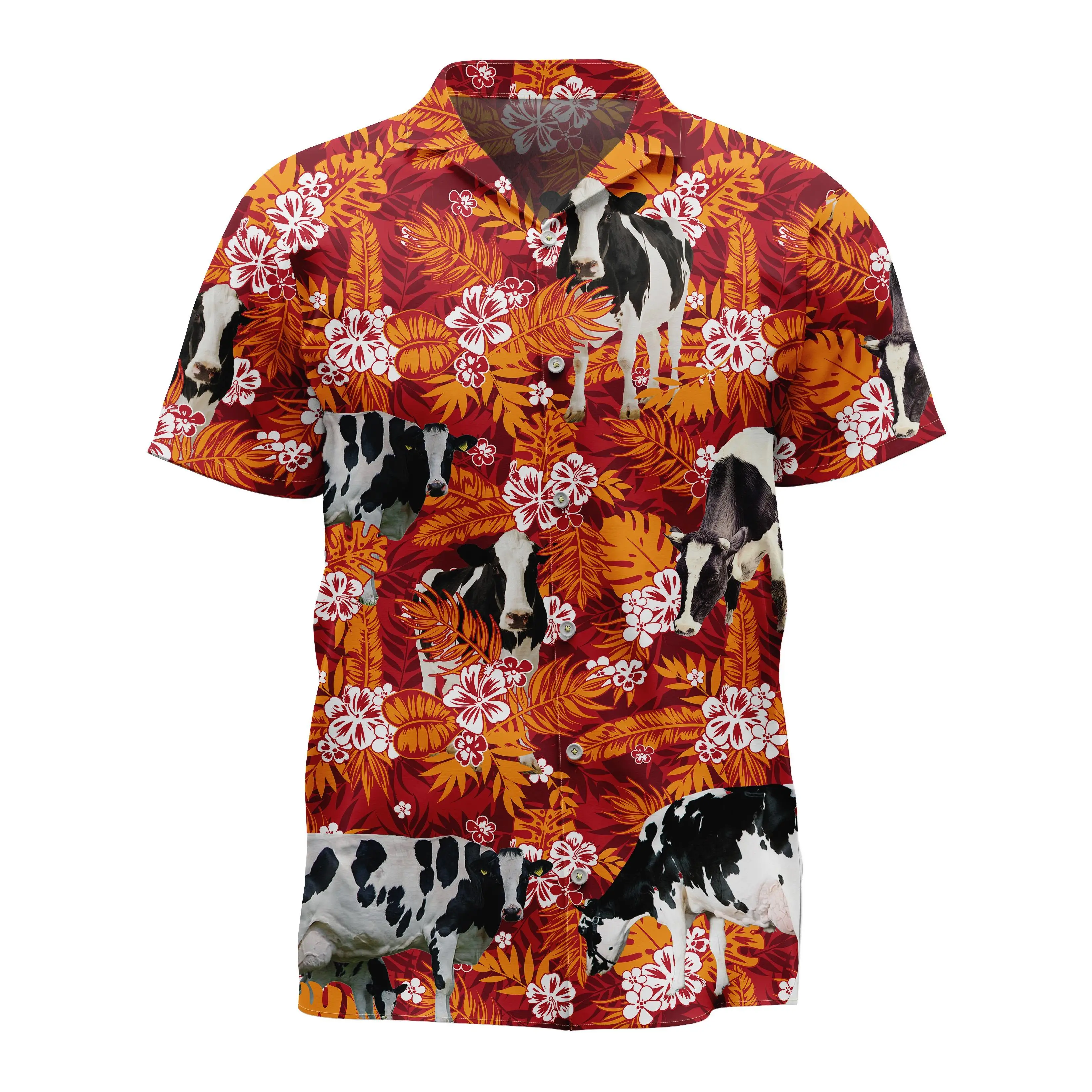 Jumeast Holstein Friesian Cattle Pattern Short Sleeve Hawaiian Shirt Hibiscus Flowers Aloha Shirts Tropical Baggy Casual Clothes