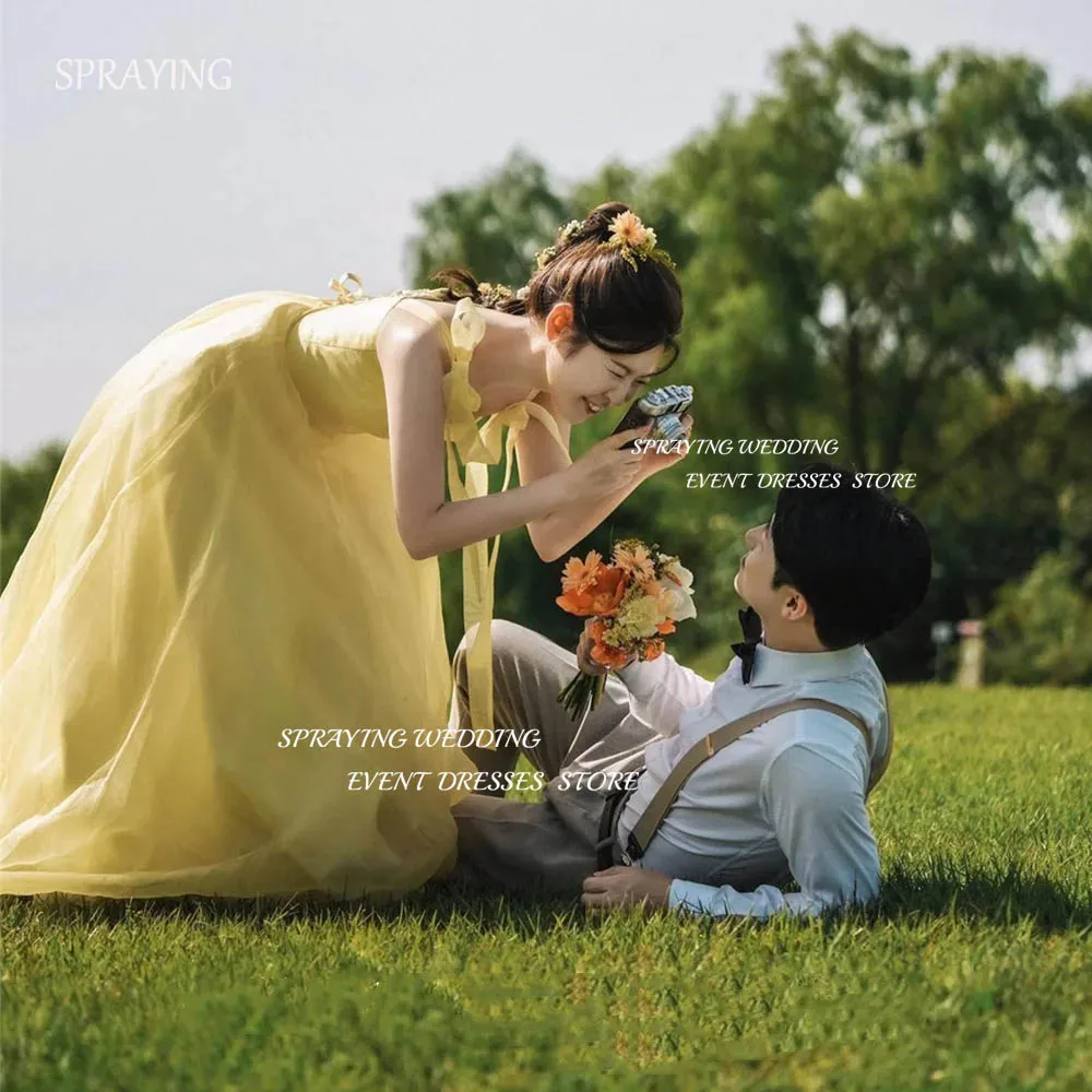 

SPRAYING Simple Yellow Square Neck Korea Wedding Dress A Line Organza Bridal Gown Floor Length Long Garden Photo Shoot 웨딩드레스