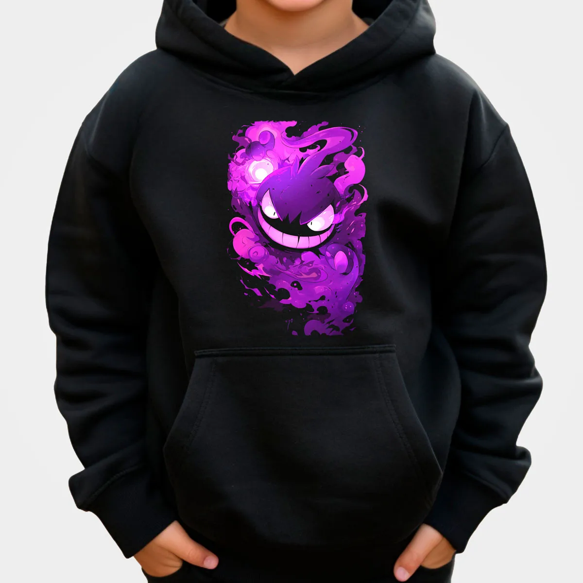 Pokemon Anime Sudadera con capucha de algodón Color negro Snorlax durmiendo en fondo colorido estampado frontal grande ajuste suelto calidez de otoño invierno
