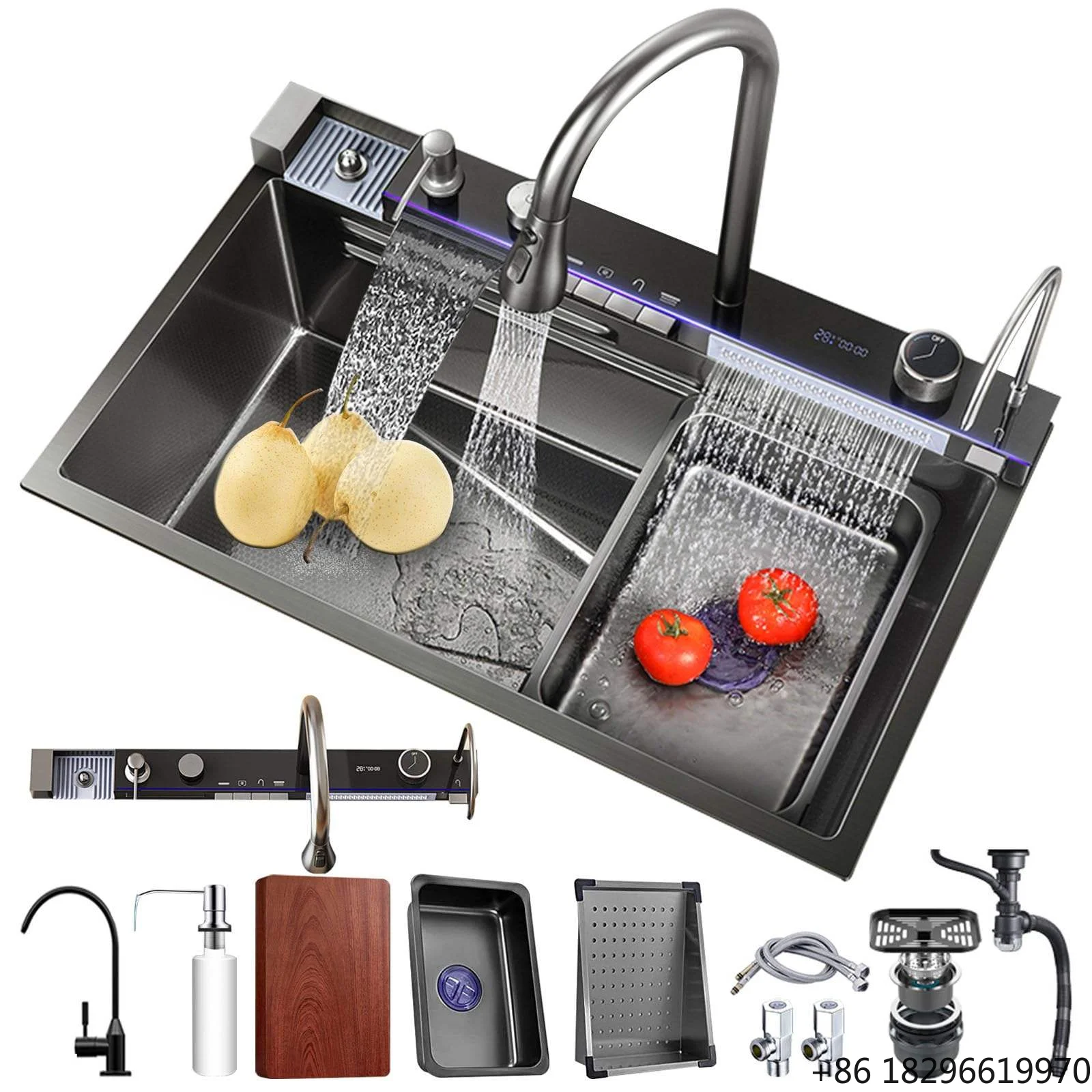 2026 Smart LED Digital Display Kitchen Sink Handmade Modern Stainless Steel Waterfall Design