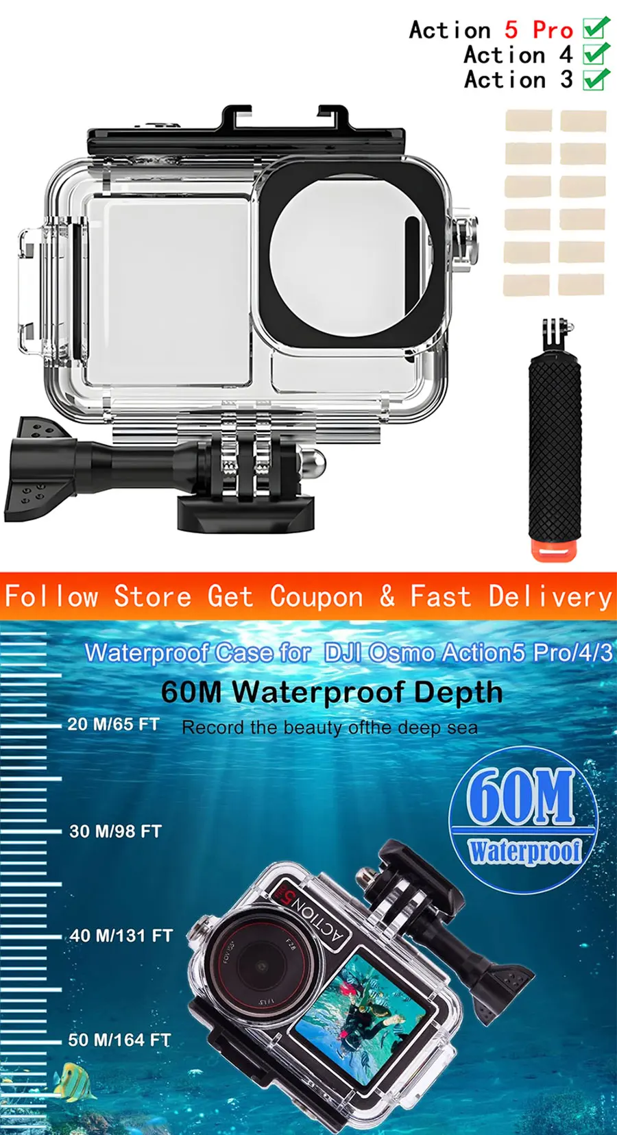 MYOBO Wasserdichtes Gehäuse für DJI Action 5 Pro, Tauchgehäuse für unterwasserische Aufnahmen bis 60 m/196 Fuß, Schutzhülle für DJI Action 5 Pro 4 3 Zubehör – Detail 1