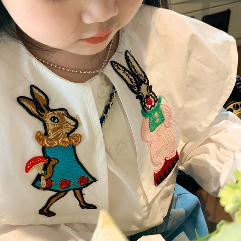 Girls\' Cartoon Printing Embroidery Turn down Collar Long Sleeves Shirt Vintage Style Basic Top Solid Color