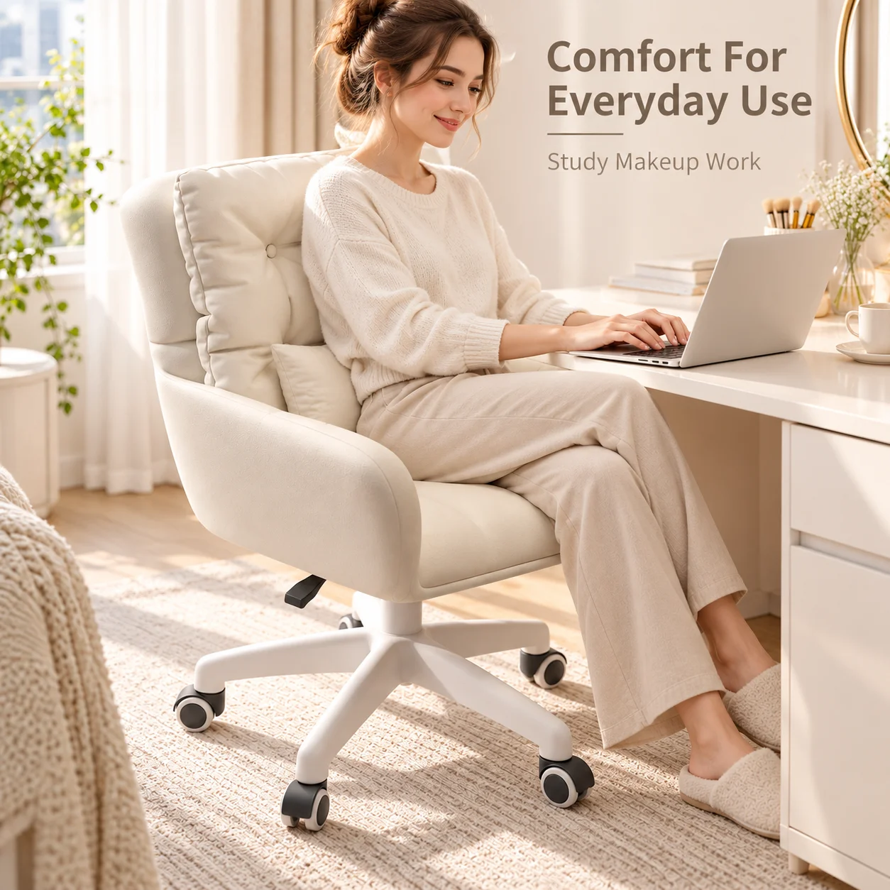 AOLIVIYA Vanity Makeup Chair Adjustable Height Swivel Upholstered Office Chair Computer Desk Chair With Wheels Lumbar Pillow