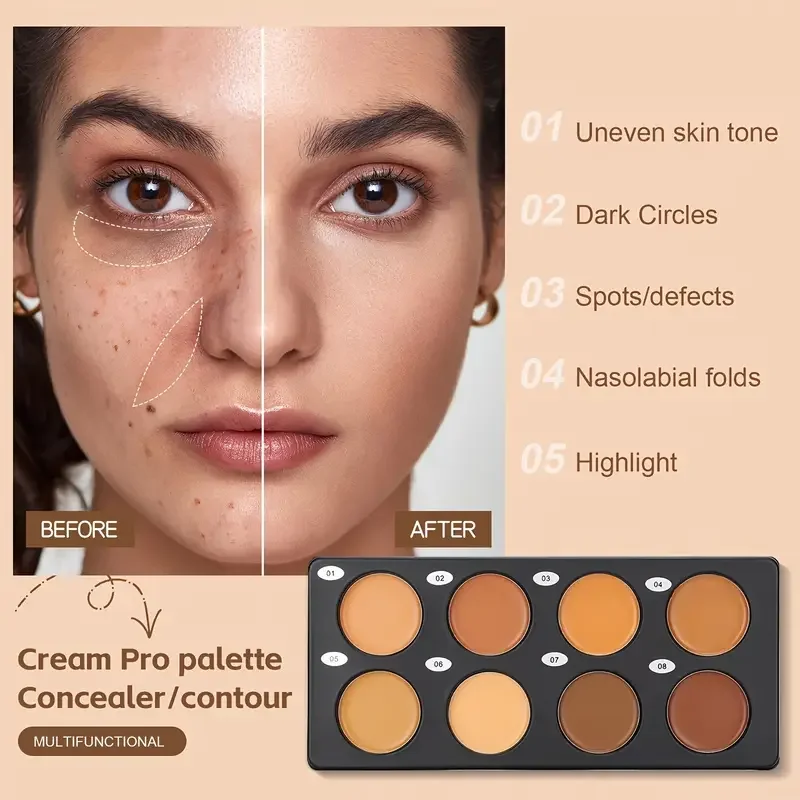 防水メイクアップパレット,フェイスコンシーラー,3Dコンシーラー,ブロンズシャドウ,8 in 1