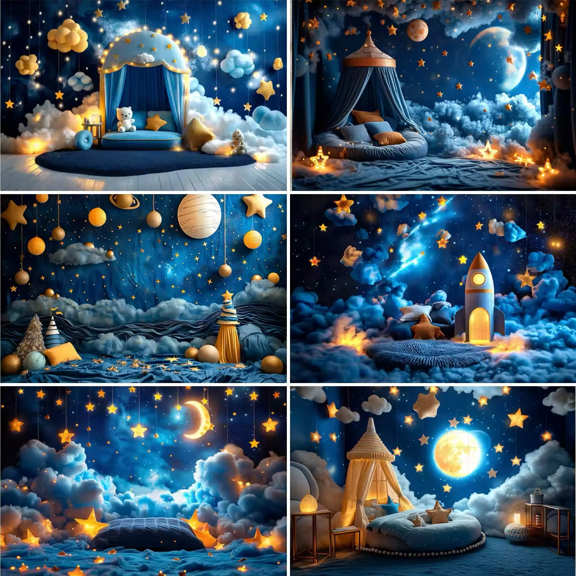 

Umi Boy and Girl 1st Birthday Party Blue Starry Sky Universe Theme Portrait Photography Background Room Decor Poster Background