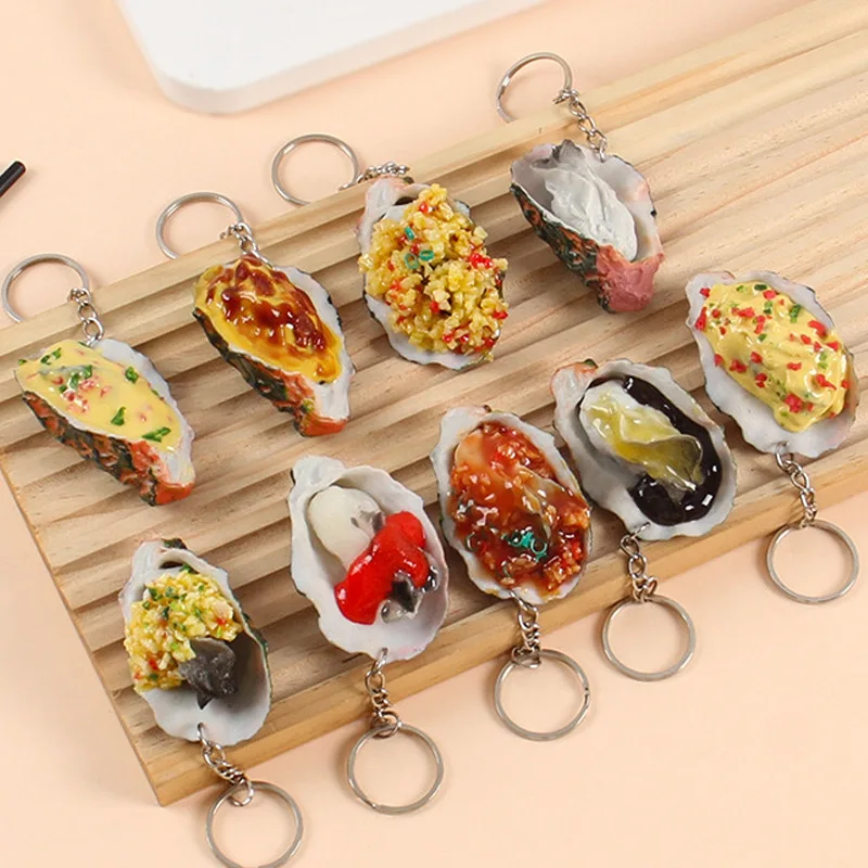 Simulação de frutos do mar comida ostra vieiras ostra gigas thunberg clams pvc resina metal chaveiro jóias artesanato charme pingente decoração