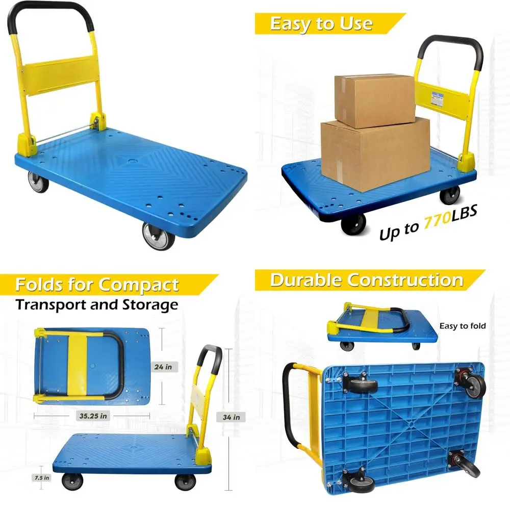 Camión con plataforma plegable y resistente con capacidad de 770 libras: cubierta azul, mango amarillo, perfecto para el hogar, el jardín, la oficina, la taller,