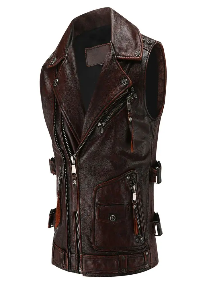 Men's Sleeveless Vest Top Layer Cowhide Retro Leather Jacket Red Brown Loose Classic Casual Fashion Essentials