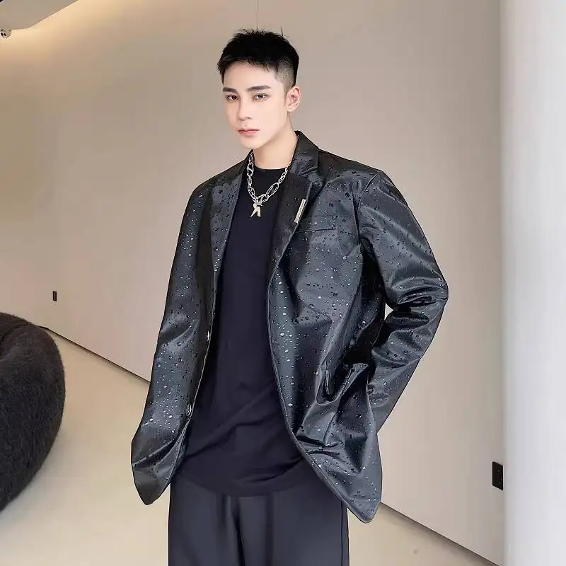WVGA Dark Style Raindrop Pattern Faux Leather Design Stylish Casual Men's Blazer Spring Autumn Niche Chic Casual Coat Ins W21571