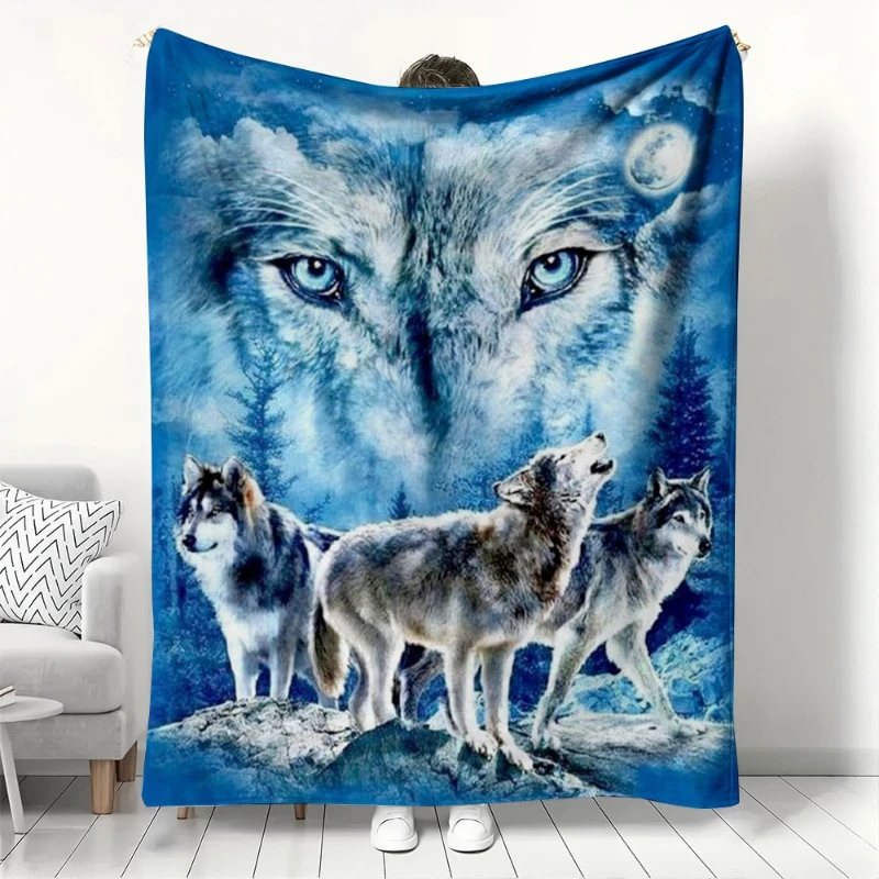 

Wolf Print Blue Moon Forest Wolf Pack Soft Flannel Throw Blanket for Sofa Bed Couch Cozy Warm Blanket for Home Decor All Seasons