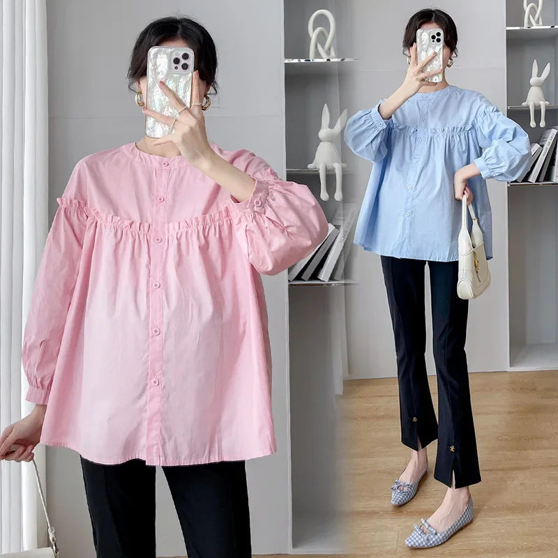 

Maternity Loose Blouse Cotton Long Sleeves Stand Collar European Fashion Design Pregnant Women Blouse