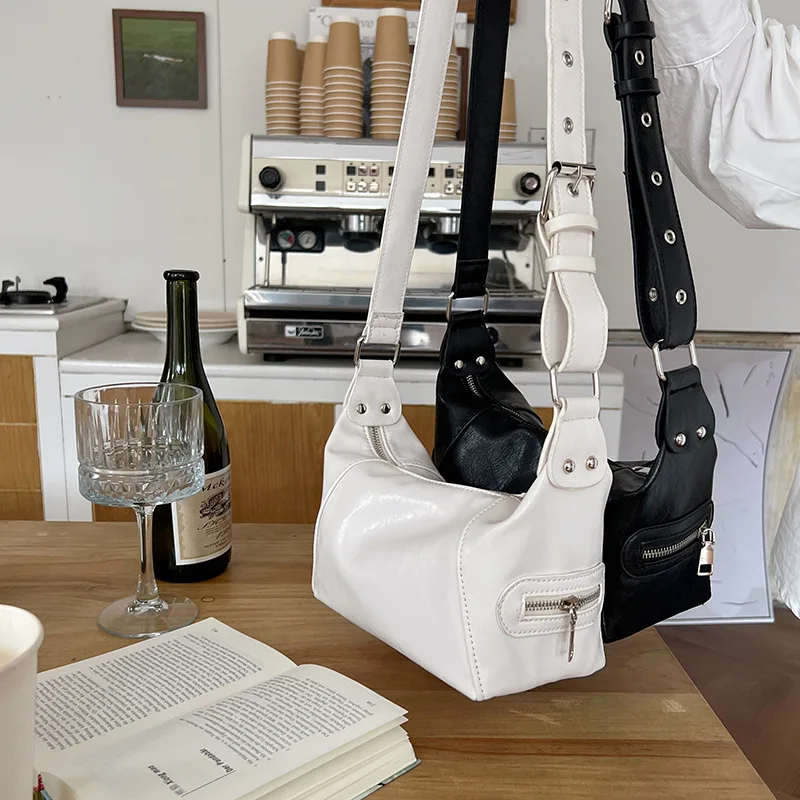 

2024 New Punk Style Biker Bag Women Fashion Armpit Bag Large Capacity Soft Pu Leather Shoulder Crossbody Bag Female Tote Bags