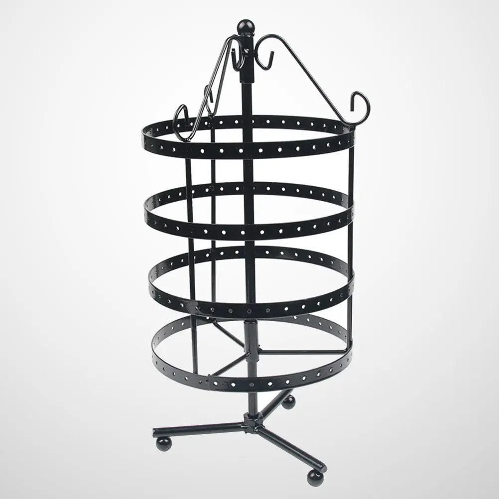 Four-Layer Metal Earrings Display Rack Rotating Jewelry Holder Black 144 Hole Organizer Space-Saving Jewelry Storage Stand