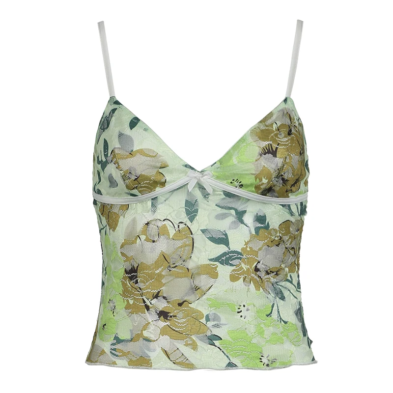 Darlingaga Mode elegante Riemen sexy Spitze Top Blumen gedruckt Bogen Nähte Party Tops weibliche kurze schlanke Vintage Urlaub Tanks