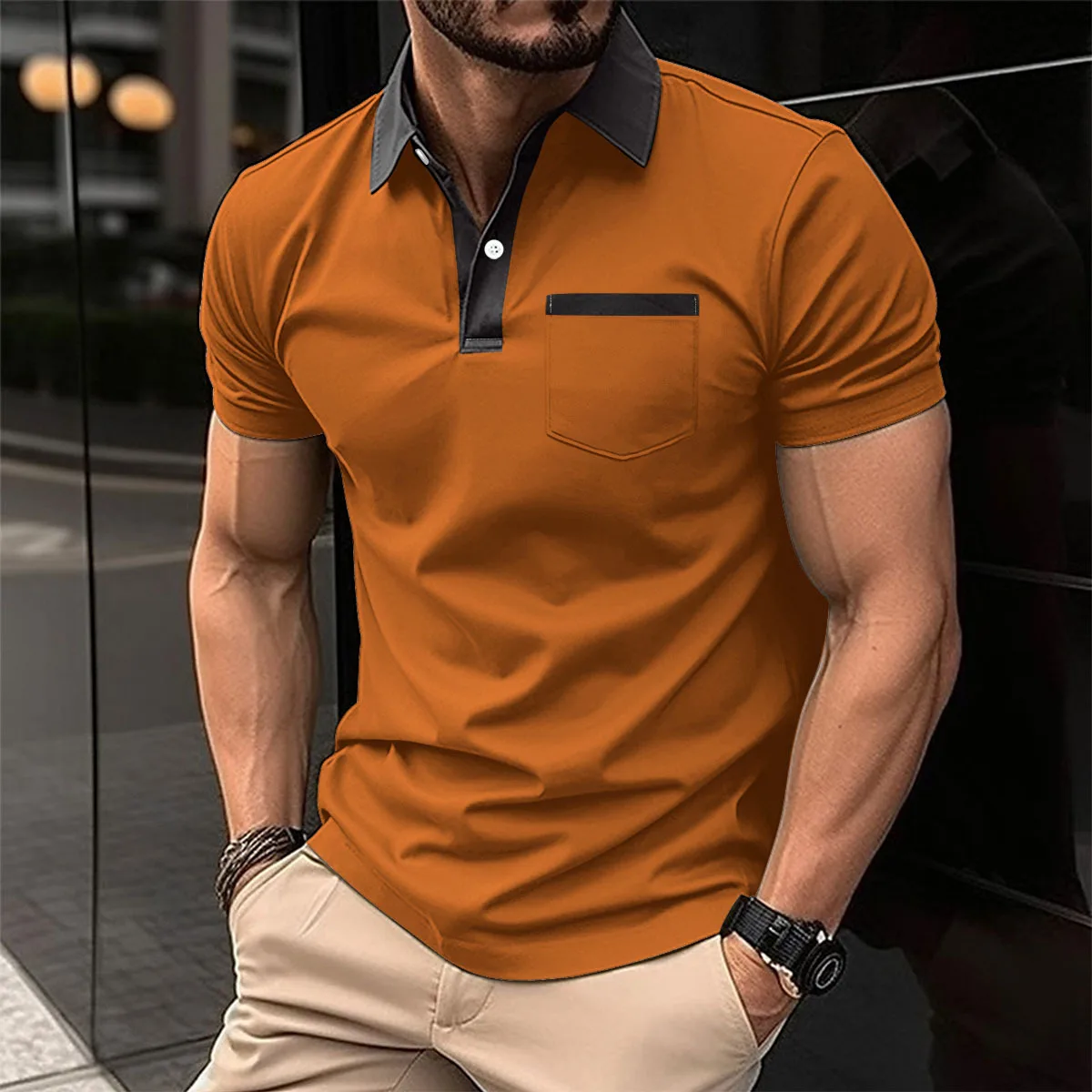 2025 new men's lapel fashion slim T-shirt pocket color matching short-sleeved men's solid color T-shirt POLO shirt
