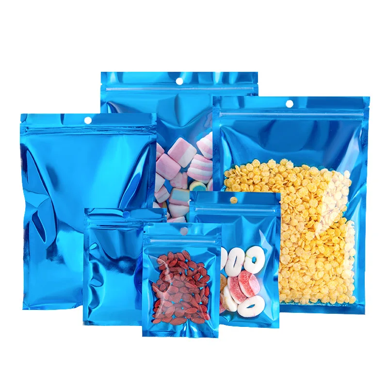 

Clear Resealable Mylar Foil Zip Lock Package Bags 100pcs Heat Sealable Hang Hole Plastic Packing Pouches Blue Aluinum Foil Bag