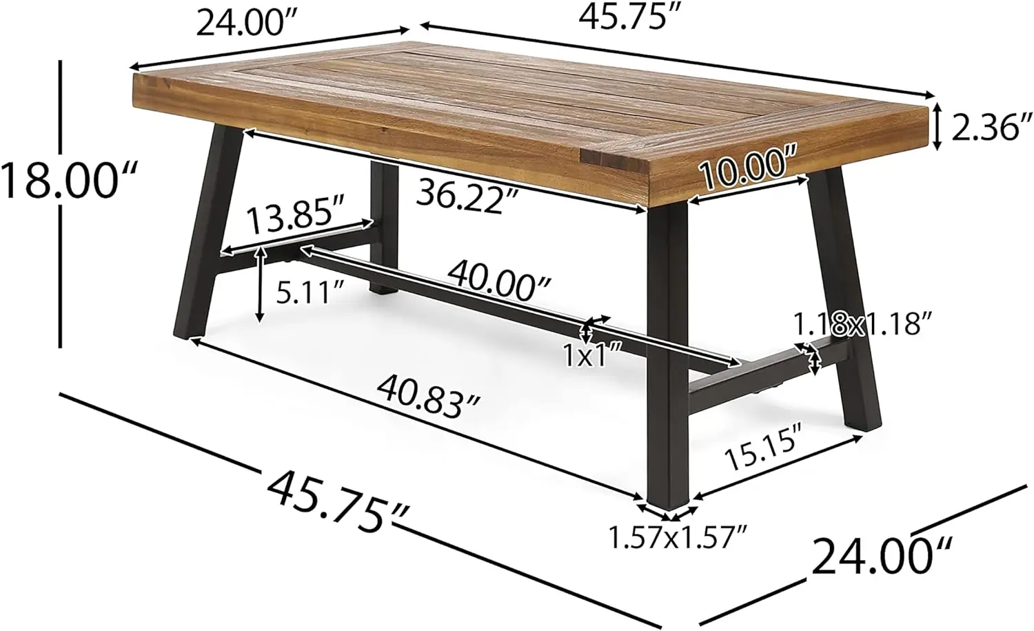 Mesa de centro de madera de Acacia para exteriores, chorro de arena/Metal rústico, 27,25 "D X 45,75" W X 18 "H