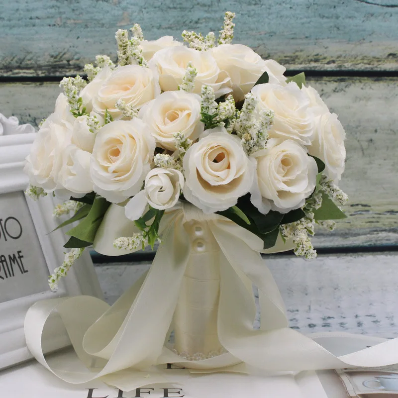 Bruids bruidsmeisje bruidsboeket witte zijden bloemen rozen handgemaakte kunstmatige bruid Mariage boeket bruiloft accessoires