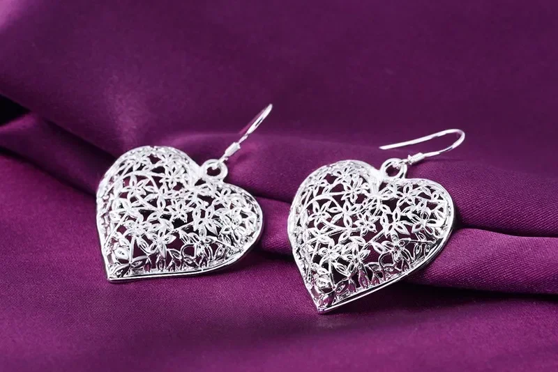 Hot High Quality 925 Sterling Silver Earrings Fashion Jewelry Elegant Woman Retro Carved Heart Earrings Christmas Gifts