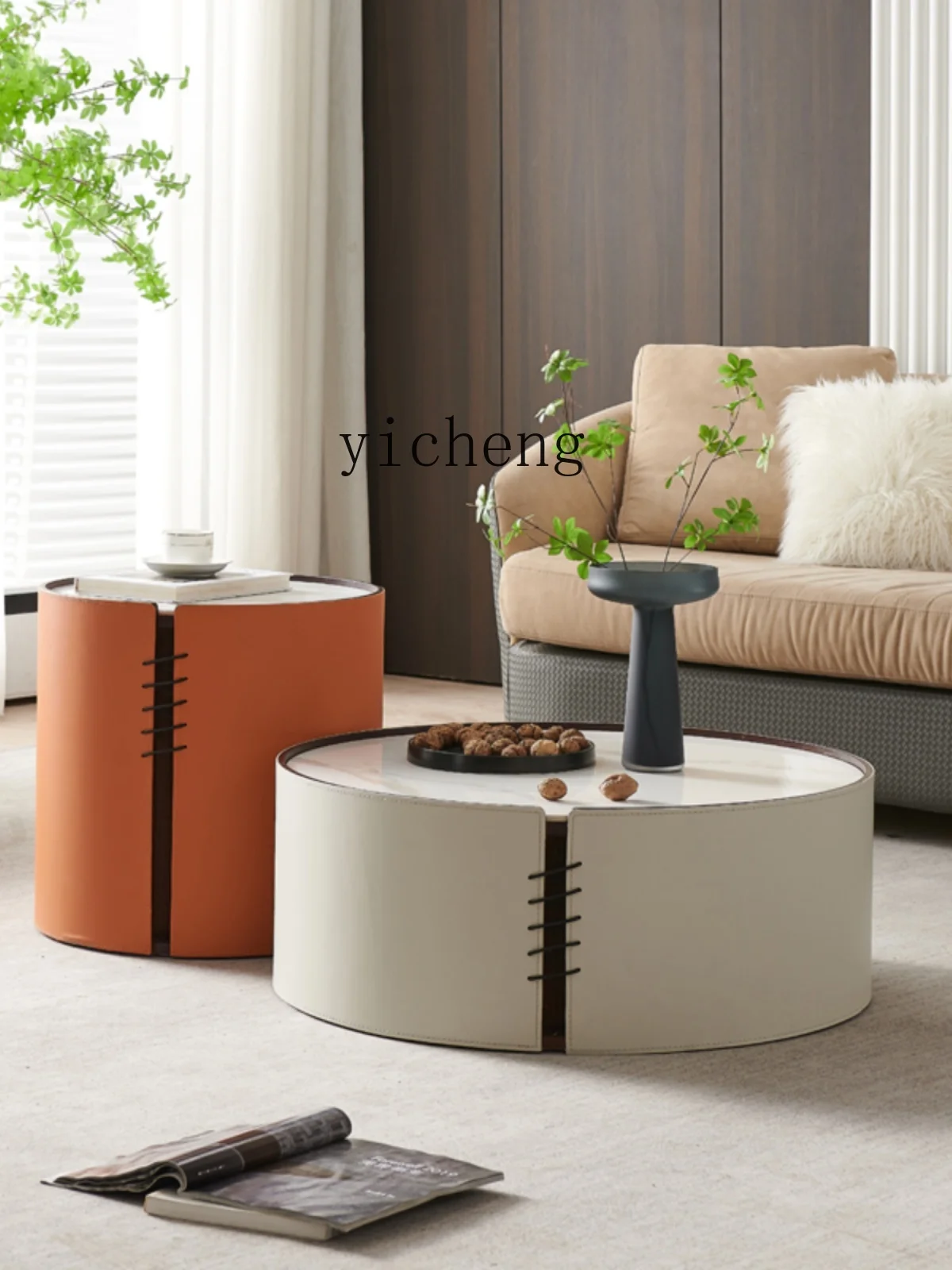 ZF Size round Saddle Coffee Table Combination Living Room Metal Tea Table Stone Plate Side Table