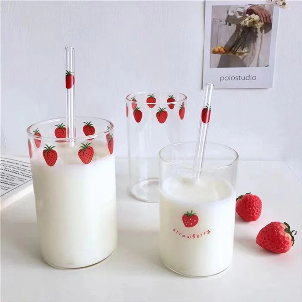 

Creative Transparent Water Cup 300ml Strawberry Cute Glass Cup With Straw Coffee Milk Cups Cute Juice Gifts Nana for Drinks Set